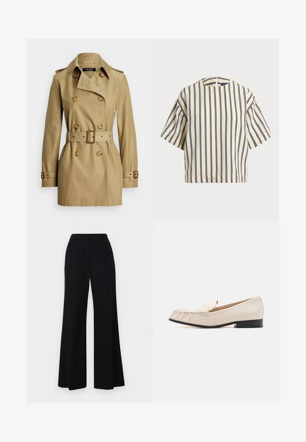 Bežani trench kaput s dvostrukim kopčanjem, velikim gumbima, pojasom u struku i epauletama na ramenima. Glatka tkanina s klasičnom siluetom.; Kratki rukavi, prugasti top u krem i tamnoplavoj boji, sa okruglim izrezom i kutijastim dizajnom od teksturirane tkanine.; Crne hlače širokih nogavica sa visokim strukom, glatke tkanine i čistih linija. Bez vidljivih metalnih dijelova ili uzoraka.; MICHAEL Michael Kors CARLSON LOAFER - Obuća za navlačenje - light cream
