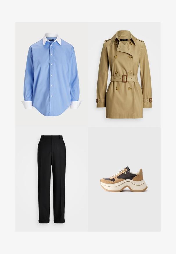 Beige trench coat with double-breasted design, large buttons, belted waist, and epaulets on shoulders. Smooth fabric with a classic silhouette.; Light blue button-up shirt with long sleeves and a white contrasting collar. Features a smooth texture and five front buttons.; Polo Ralph Lauren HIGH RISE RELAXED STRAIGHT TROUSER - Trousers - black; Chunky sole sneaker in beige and dark brown with suede accents, white laces, and a small gold MK charm on the side.