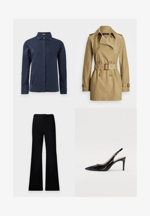 Vaaleanbeige trenchcoat, jossa on tupla-nappikiinnitys, isot napit, vyö ja hartioilla epauletit. Sujuva kangas ja klassinen siluetti.; Laivansinis, pitkähihainen napillinen paita, joka on valmistettu sileästä ja kevyestä kankaasta. Ominaisuuksiin kuuluu klassinen kaulus ja huomaamaton etuhelma.; Mustat levenevät housut, joissa on sileä pinta, muotoiltu vyötärö ja etutaskut, jotka on suunniteltu nykyaikaiseen ja sulavaan siluettiin.; Musta lakattu nahkainen slingback-korkokenkä, jossa on terävä kärki, kapea korko ja hillitty leikkaussuunnittelu. Varressa on kultainen solki.