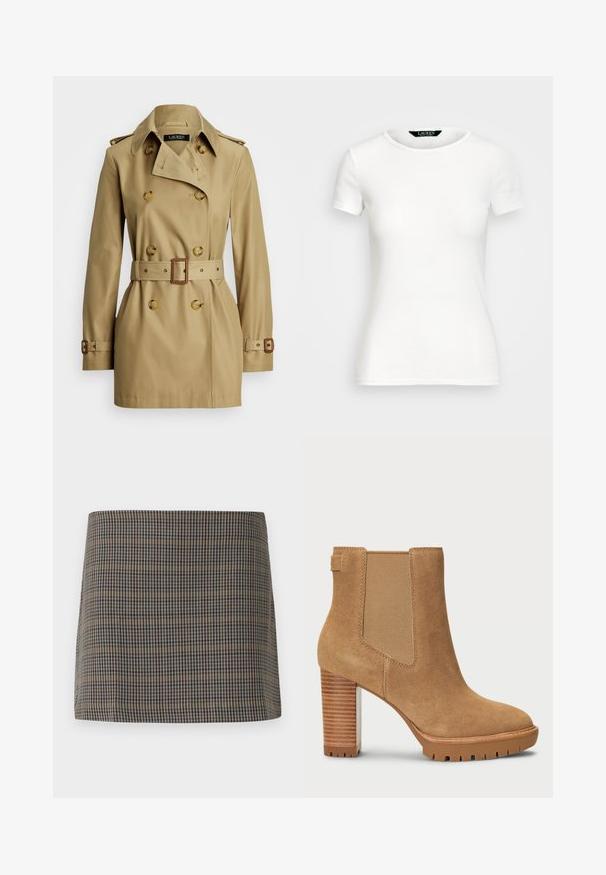 Bežani trench kaput s dvostrukim kopčanjem, velikim gumbima, pojasom u struku i epauletama na ramenima. Glatka tkanina s klasičnom siluetom.; Bijela pamučna majica s kratkim rukavima, okruglim izrezom, tijesnim krojem i glatkom teksturom. Oznaka s logom na izrezu.; Mini suknja s karo uzorkom u smešnim, bež i mornarsko plavim tonovima, s glatkom teksturom i ravnim krojem, dizajnirana bez vidljivih zatvarača.; Smešani antilop čizmi do gležnjeva u bež boji, s blok potpeticom, elastičnom bočnom panelom i gumenenim đonom koji sadrži uzorak za prianjanje.