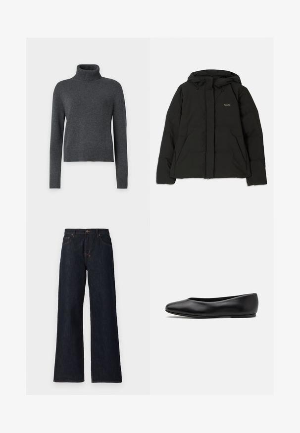 Sort pufferjakke med hætte, front lynlås, to store forlommer og et lille logo på brystet. Lavet af et glat, isoleret materiale.; Grå turtleneck sweater lavet af blødt strikket stof, med lange ærmer og ribbet kant for et tætsiddende udseende.; Mørkeblå vidde jeans lavet af denim, med orange syninger, to frontlommer og en knaplukning i taljen.; Paul Smith TOPANGA - Ballerinasko - black