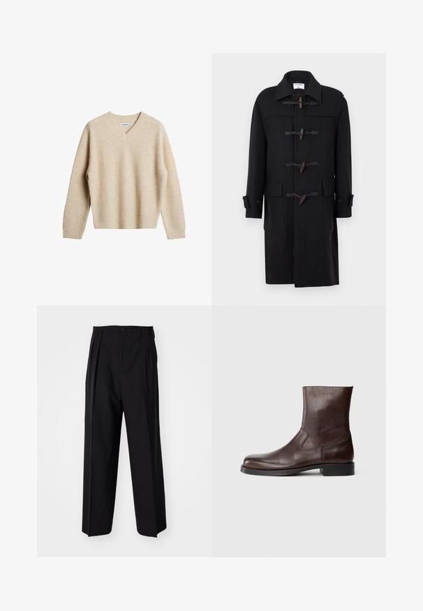 Black wool duffle coat with a pointed collar, toggle fastenings, two front pockets, and buttoned cuffs. Smooth texture and knee-length design.; Beige, ribbed knit sweater with a V-neck and long sleeves. Features a relaxed fit and textured fabric for added warmth and comfort.; Black pleated trousers with a straight, wide-leg design. Made from smooth fabric, featuring a button closure and belt loops.; Brown leather ankle boots with a smooth texture, rounded toe, minimal stitching, and a flat black rubber sole.