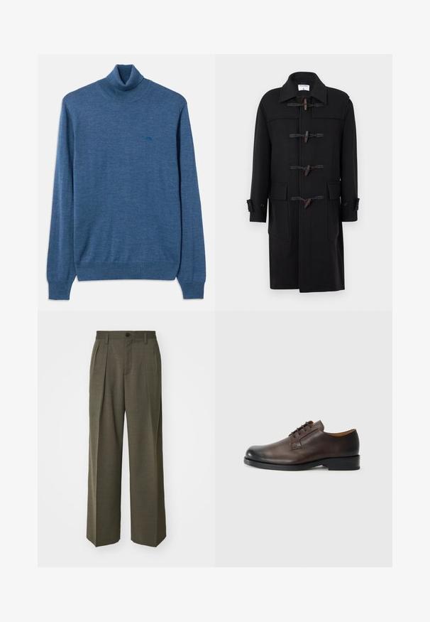 Melnas vilnas duffle mētelis ar izteiksmīgu apkakli, slēgšanu ar pogām, divām priekšējām kabatām un pogājamām piedurknēm. Gluda tekstūra un ceļgala garuma dizains.; Zils augstais apkakles džemperis, izgatavots no mīksta auduma. Tam ir ribotas piedurknes un apakša, kā arī mazs logs tumšākā zilā krāsā uz krūšu daļas.; Filippa K WIDE TROUSERS - Auduma bikses - driftwood; Brūnu ādas kurpes ar noapaļotu purngala formu, zemu papēdi, saitēm un gludu virsmu. Iezīmē minimālu šūšanu un spīdīgu apdari.