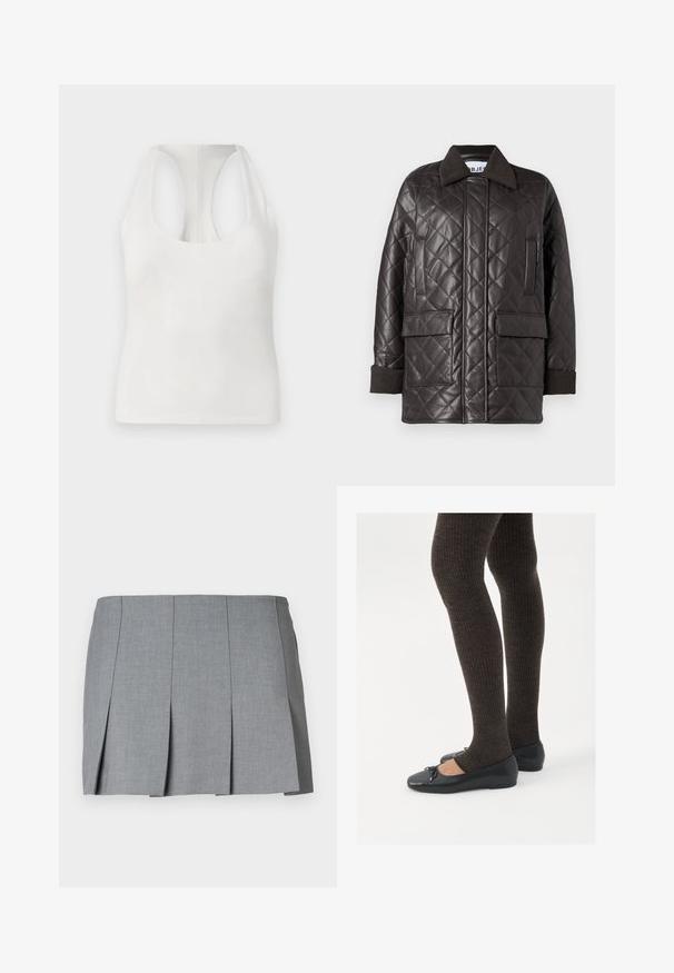 Veste en cuir synthétique marron matelassée avec un col, deux poches avant et des poignets en tricot. Présente une coupe décontractée et ample.; Haut sans manches blanc en tissu doux, avec un décolleté arrondi et un design dos nageur, texture lisse et sans motifs visibles.; Jupe plissée grise avec une texture lisse, un design structuré et une taille ajustée. Fabriquée en tissu léger avec un motif subtile.; Chaussures plates noires avec un petit nœud au niveau des orteils, associées à des collants côtelés marron foncé. Les chaussures ont une texture lisse et un profil bas.