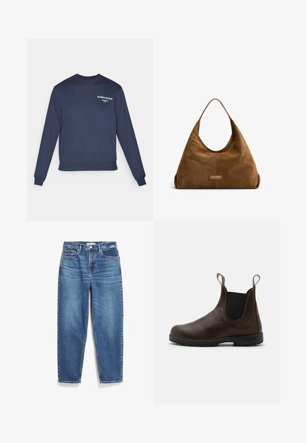 Nümph NUELIOTTA REVERSIBLE - Winterjas - cognac; Marineblauwe sweatshirt met lange mouwen, ribgebreide manchetten en zoom. Heeft witte logotekst op de borst; de stof lijkt glad en katoenachtig.; Blauwe denim jeans met een rechte pijpdesign, vijf zakken en subtiele vervaging. Heeft een knoopsluiting en contrasterende stiksels.; Bruine leren enkellaars met elastische zijkanten, trekriempjes en een getextureerde rubberen zool. Heeft een slank, rond te ontwerp.; Isabel Bernard Honore Grace - Handtas - braun