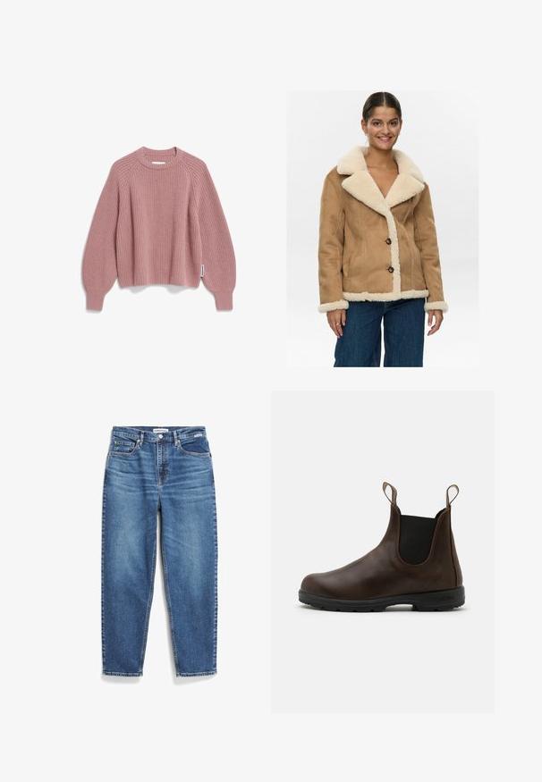 Nümph NUELIOTTA REVERSIBLE - Winterjas - cognac; Roze gebreide trui met een geribbelde textuur, ronde halslijn en mouwen met verlaagde schouders. Heeft een subtiel merketiket aan de zijkant.; Blauwe denim jeans met een rechte pijpdesign, vijf zakken en subtiele vervaging. Heeft een knoopsluiting en contrasterende stiksels.; Bruine leren enkellaars met elastische zijkanten, trekriempjes en een getextureerde rubberen zool. Heeft een slank, rond te ontwerp.