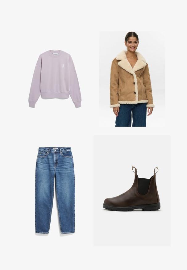 Nümph NUELIOTTA REVERSIBLE - Winterjacke - cognac; Helle lila, verkürzter Sweatshirt aus weichem Stoff. Er verfügt über einen Rundhalsausschnitt, Überschultern und ein kleines weißes Logo auf der Brust.; Helles beige T-Shirt mit kurzen Ärmeln aus weichem Stoff, runder Ausschnitt und gerader Schnitt. Etikett sichtbar an der unteren linken Seite.; Blaue Denim-Jeans mit geradem Bein, fünf Taschen und dezenten Verwaschungen. Ausgestattet mit einem Knopfverschluss und Kontrastnähten.; Braune Leder-Ankle Boots mit elastischen Seitenpaneelen, Zuglaschen und strukturierter Gummisohle. Sie verfügen über ein schlankes, rundes Zehendesign.