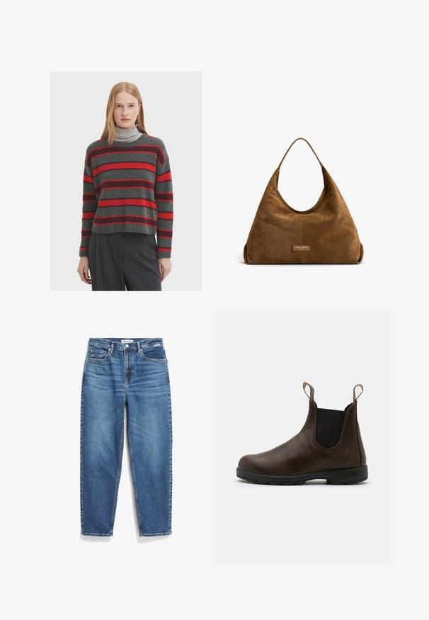 Nümph NUELIOTTA REVERSIBLE - Winterjas - cognac; De gebreide trui heeft een grijze basis met brede rode en donkerrode strepen. Ribbelboord bij de ronde hals en mouwen, gecombineerd met een grijze coltrui eronder.; Blauwe denim jeans met een rechte pijpdesign, vijf zakken en subtiele vervaging. Heeft een knoopsluiting en contrasterende stiksels.; Bruine leren enkellaars met elastische zijkanten, trekriempjes en een getextureerde rubberen zool. Heeft een slank, rond te ontwerp.; Isabel Bernard Honore Grace - Handtas - braun