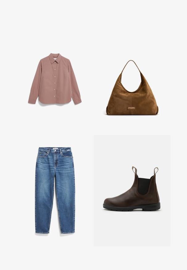 Nümph NUELIOTTA REVERSIBLE - Winter jacket - cognac; Striped button-up shirt in rust and cream, featuring a classic collar, long sleeves, and a loose fit with a straight hem.; Blue denim jeans with a straight-leg design, five pockets, and subtle fading. Features a button closure and contrast stitching.; Brown leather ankle boot with elastic side panels, pull tabs, and textured rubber sole. Features a sleek, rounded toe design.; Isabel Bernard Honore Grace - Handbag - braun