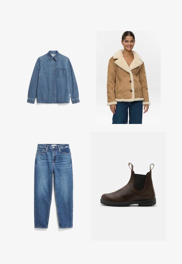 Nümph NUELIOTTA REVERSIBLE - Winter jacket - cognac; Denim shirt in light blue, featuring a point collar, full front button closure with brown buttons, left chest pocket, and long sleeves.; Light beige short-sleeve t-shirt made of soft fabric, featuring a round neck and a straight cut. Label visible at the bottom left.; Blue denim jeans with a straight-leg design, five pockets, and subtle fading. Features a button closure and contrast stitching.; Brown leather ankle boot with elastic side panels, pull tabs, and textured rubber sole. Features a sleek, rounded toe design.