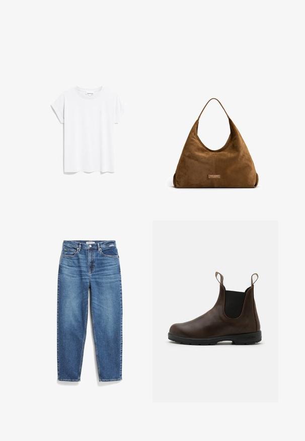 Nümph NUELIOTTA REVERSIBLE - Winter jacket - cognac; ARMEDANGELS IDAARA - Basic T-shirt - white; Blue denim jeans with a straight-leg design, five pockets, and subtle fading. Features a button closure and contrast stitching.; Brown leather ankle boot with elastic side panels, pull tabs, and textured rubber sole. Features a sleek, rounded toe design.; Isabel Bernard Honore Grace - Handbag - braun