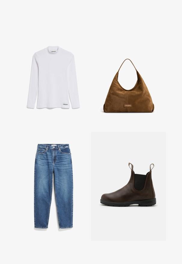 Nümph NUELIOTTA REVERSIBLE - Winterjacke - cognac; Langärmliges weißes Top aus geripptem Baumwollstoff. Verfügt über einen hohen Kragen und ein kleines schwarzes Etikett mit "ARMEDANGELS" am unteren Saum.; Blaue Denim-Jeans mit geradem Bein, fünf Taschen und dezenten Verwaschungen. Ausgestattet mit einem Knopfverschluss und Kontrastnähten.; Braune Leder-Ankle Boots mit elastischen Seitenpaneelen, Zuglaschen und strukturierter Gummisohle. Sie verfügen über ein schlankes, rundes Zehendesign.; Isabel Bernard Honore Grace - Handtasche - braun