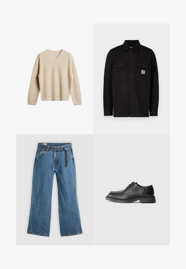 Juoda mygtukais užsegama palaidinė iš tvirtos medžiagos, su dviem krūtinės kišenėmis, smailia apykakle ir mažu logotipo ženklu kairėje kišenėje.; Bežinis, rifliuotas megztinis su V formos iškirpte ir ilgomis rankovėmis. Turi laisvą siluetą ir tekstūruotą audinį, suteikiantį papildomą šilumą ir komfortą.; Mėlyni džinsiniai plačių kojų džinsai su prijungtu diržu, priekinėmis kišenėmis ir matomomis siūlėmis ant vientiso šviesaus fono.; Juodųjų odinių batų su lygiu paviršiumi, apvalia nosimi ir sekliu išsiuvinėjimu. Storu guminiu padu su lengvu kulniuku ir sutankinta tekstūra.