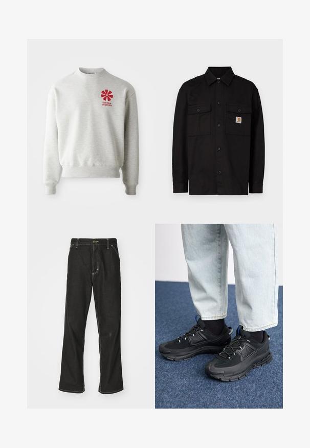 Črna srajca z gumbi, izdelana iz trpežnega blaga, z dvema prsnikoma žepoma, koničastim ovratnikom in majhno etiketo z logotipom na levem žepu.; Svetlo siva dukserica z ribanim manžetami in spodnjim robom. Ponuja rdeč grafični logotip na levem prsnem delu. Narejena iz mehkega materiala.; Črne jeans hlače ohlapenega kroja, ki imajo kontrastno belo šivanje, zapiranje na gumb in ravno nogavico.; Črne športne čevlje z teksturirano tkanino in gumijastimi podplati, ki imajo elastične vezalke ter modre poudarke na peti. Nosi se z lahkimi denim hlačami.
