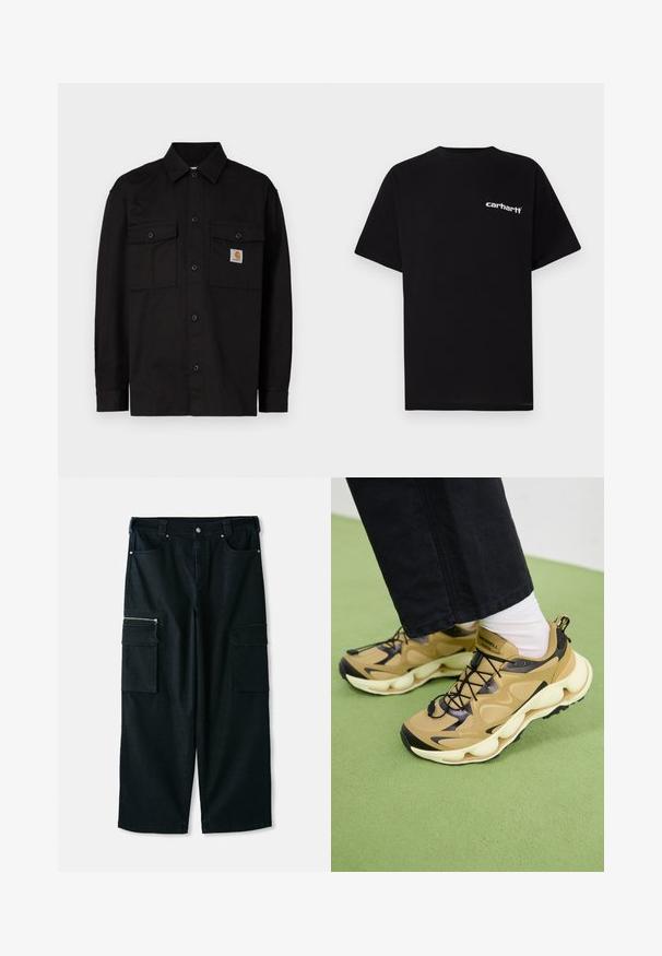 Schwarzes Hemd mit Knöpfen aus langlebigem Stoff, mit zwei Brusttaschen, spitzem Kragen und einem kleinen Logolabel auf der linken Tasche.; Schwarzes Baumwoll-T-Shirt mit kurzen Ärmeln, Rundhalsausschnitt und weißem "Carhartt"-Logo auf der linken Brust. Glatte Textur, minimalistisches Design.; Schwarze Cargo-Hosen mit geradem Schnitt, ausgestattet mit zwei großen Seitentaschen, Reißverschluss und Standardbund. Hergestellt aus strapazierfähigem Stoff.; Tan und schwarze Sneakers mit Mesh-Obermaterial, klobiger weißer Sohle, schwarzen Schnürsenkeln und einer Schlaufe zum Anziehen. GORE-TEX-Logo auf der Seite sichtbar.