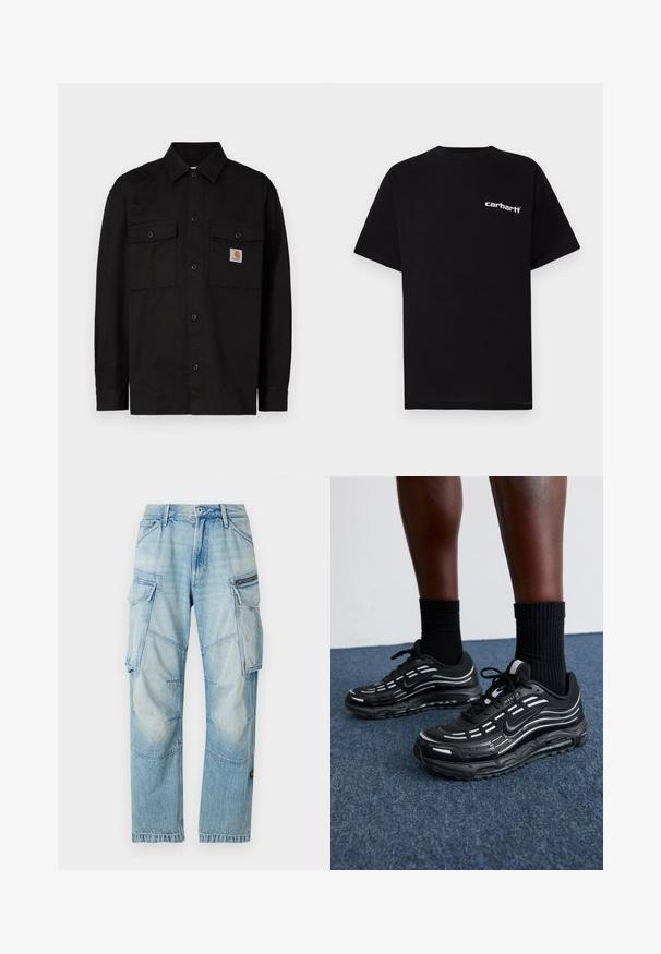 Melnā pogām aiztaisāmā krekla krekls no izturīgas auduma, ar divām krūšu kabatām, smailu apkakli un nelielu logotipa etiķeti uz kreisās kabatas.; Melna kokvilnas T-krekls ar īsām piedurknēm, apaļu kakla izgriezumu un baltu "Carhartt" logotipu uz kreisās krūtis. Gluda tekstūra, minimālistisks dizains.; Gai zilu džinsa krāsas kravas bikses ar vairākiem kabatām, taisnu kāju dizainu, redzamām šuvēm un mazu plāksteri uz sāna.; Melni Nike apavi ar sietveida augšdaļu, akcentējošām svītrām, teksturētām šņorēm un melnu gumijas zoli. Valkāti ar melniem ribota auduma zeķēm.