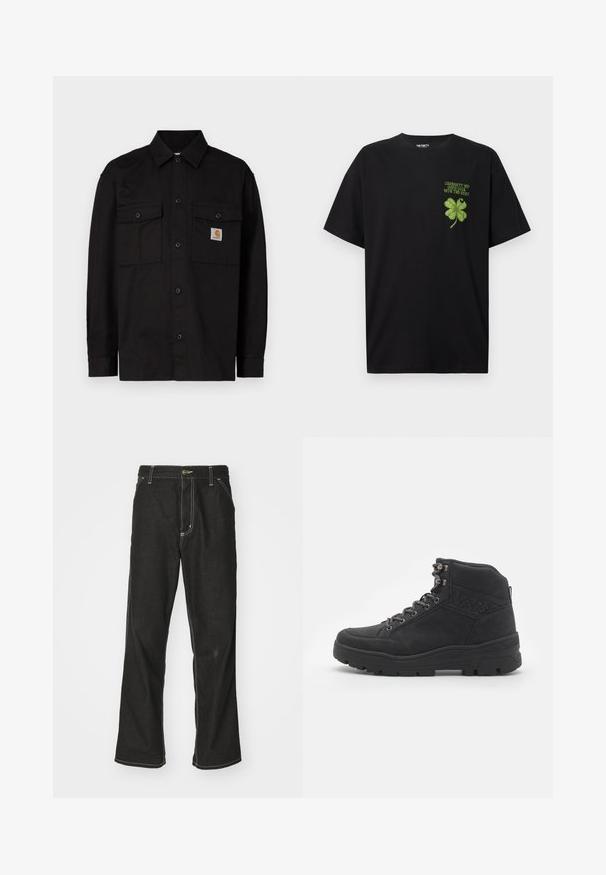 Black button-up shirt made of durable fabric, featuring two chest pockets, a pointed collar, and a small logo label on the left pocket.; Black cotton t-shirt featuring a green four-leaf clover graphic with the text "GOOD LUCK WITH THE REST" on the left chest area.; Black denim jeans with a loose fit, featuring contrasting white stitching, a button closure, and a straight leg design.; Black mid-ankle boots made of suede. Features metal eyelets, laces, and a textured rubber sole with a reinforced heel.
