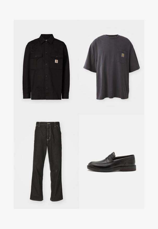Sort skjorte med knapper lavet af holdbart stof, med to brystlommer, en spids krave og et lille logomærke på venstre lomme.; Sort bomulds T-shirt med korte ærmer, en rund halsudskæring og en venstre brystlomme med et firkantet logo-patch. Enkel og uudsmykket design.; Sorte denimjeans med løs pasform, der har kontrasterende hvid syning, en knaplukning og et lige ben-design.; Sorte læderloafers med en syet tådetalje, to vandrette remme over forsiden, og en træhæl. Glat tekstur og afrundet form.