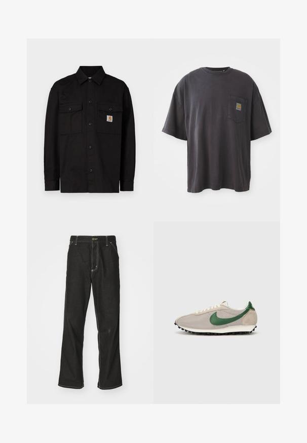 Černá košile na knoflíky z odolné látky, s dvěma náprsními kapsami, špičatým límcem a malou logo štítkem na levé kapse.; Černé bavlněné tričko s krátkým rukávem, kulatým výstřihem a kapsičkou na levé straně hrudi, na které je čtvercová nášivka s logem. Jednoduchý a nezdobený design.; Černé denimové džíny s volným střihem, s kontrastním bílým prošíváním, zapínáním na knoflík a rovnými nohavicemi.; Béžové běžecké boty se zelenými semišovými akcenty, texturovaným síťovým svrškem, krémovými tkaničkami a černou gumovou podrážkou s protiskluzovými hroty.