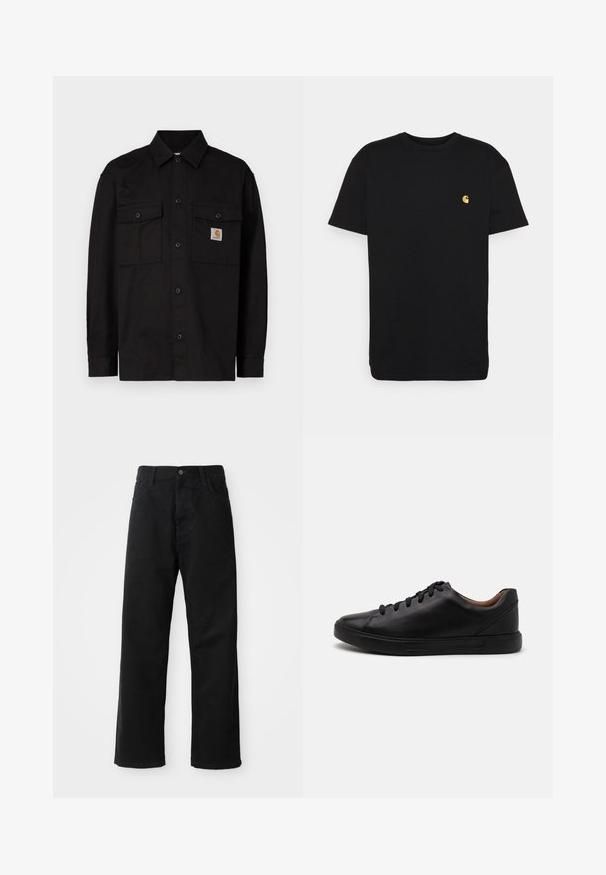 Black button-up shirt made of durable fabric, featuring two chest pockets, a pointed collar, and a small logo label on the left pocket.; Black cotton t-shirt with short sleeves, crew neck, and a small yellow logo on the left chest area. Simple design and regular fit.; Black denim pants with a straight cut, featuring front pockets, a zip fly, and a single top button. Textured fabric with a matte finish.; Black leather sneakers with a smooth finish, round toe, and six-eyelet lace-up closure; features a black rubber sole for grip.