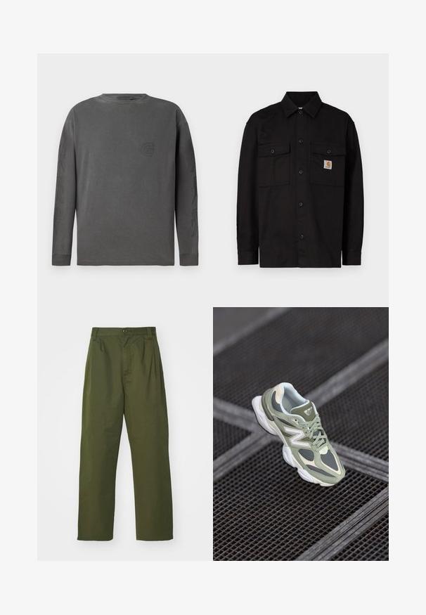 Čierna košeľa na zapínanie s gombíkmi vyrobená z odolnej látky, so dvoma náprsními vreckami, špicatým golierom a malou logovou nášivkou na ľavom vrecku.; Šedé tričko s dlhým rukávom z bavlneného zmesi, s okrúhlym výstrihom, so subtilným logom a abstraktnými dizajnmi na rukávoch; jemná textúra.; Olivové vysoké nohavice s rovnými nohavicami. Vyrobené z ľahkej látky, s prednými skladmi a zapínaním na gombík.; Zelená a béžová bežecká obuv vyrobená z textilných a syntetických materiálov, s zaobleným tvarom, textúrovanými akcentmi a výrazným logom na boku.