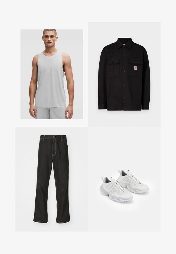 Schwarzes Hemd mit Knöpfen aus langlebigem Stoff, mit zwei Brusttaschen, spitzem Kragen und einem kleinen Logolabel auf der linken Tasche.; Hellgraues Sport-Top mit rundem Ausschnitt und ärmellosem Design, hergestellt aus einem atmungsaktiven Material mit subtilen Texturdetails.; Schwarze Denim-Jeans mit lockerer Passform, kontrastierenden weißen Nähten, einem Knopfverschluss und geradem Bein.; Weiße Sportschuhe mit einem Obermaterial aus Netzgewebe, grauen Akzenten, einer strukturierten Gummisohle und Zuglaschen an der Ferse; verfügt über ein Schnürdesign.