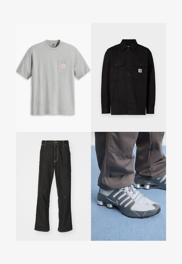 Camisa preta com botões feita de tecido resistente, com dois bolsos no peito, colarinho pontudo e uma pequena etiqueta de logotipo no bolso esquerdo.; T-shirt cinza de manga curta em algodão, com um bolso no peito com uma etiqueta vermelha. Gola redonda e ajuste descontraído.; Calças de ganga pretas de corte largo, com costuras brancas em contraste, fecho de botão e design de perna reta.; Ténis Nike Shox cinza e prata apresentam um design elegante, com materiais em malha e sintéticos, ponta arredondada e colarinho acolchoado.