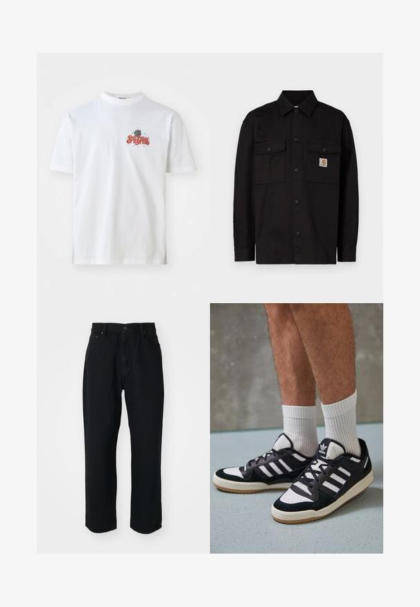 Melnā pogām aiztaisāmā krekla krekls no izturīgas auduma, ar divām krūšu kabatām, smailu apkakli un nelielu logotipa etiķeti uz kreisās kabatas.; Balta kokvilnas T-kreklu ar sarkanu uzrakstu "jaunie oriģināli" un ziliem zvaigznēm, ar apaļu kaklu un īsām piedurknēm.; Melna džinsu auduma bikses ar taisnu piegriezumu, vieglu tekstūru, piecu kabatu dizainu un pogu aizdari jostasvietā.; Melnas un baltas kedas ar zamša un ādas augšdaļu, kas aprīkotas ar trim baltām svītrām, perforētu purngali un gumijas zolēm.