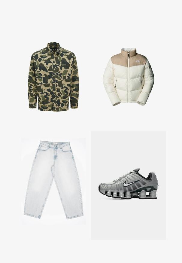 The North Face M SAIKURU JACKET - Winterjacke - mushroom grey/white dun; Schwarzer Hoodie aus Baumwolle. Mit einer Fronttasche, Kapuze mit Kordelzug und einem grauen Sprühdesign mit blauen Etikettakzenten.; Camo-Hemd mit beigem Grundton und grünen sowie dunkelgrünen abstrakten Formen, langen Ärmeln, vorderem Knopfverschluss und einer Brusttasche.; Helle blaue Denim-Jeans mit lockerer, baggy Passform. Verfügt über fünf Taschen, Knopfverschluss und genähte Details. Ausgewaschene Textur und gerade Beine.; Grauer und schwarzer Nike-Laufschuh mit sichtbarer federähnlicher Dämpfung unter der Sohle und einem weißen Swoosh-Logo an der Seite.