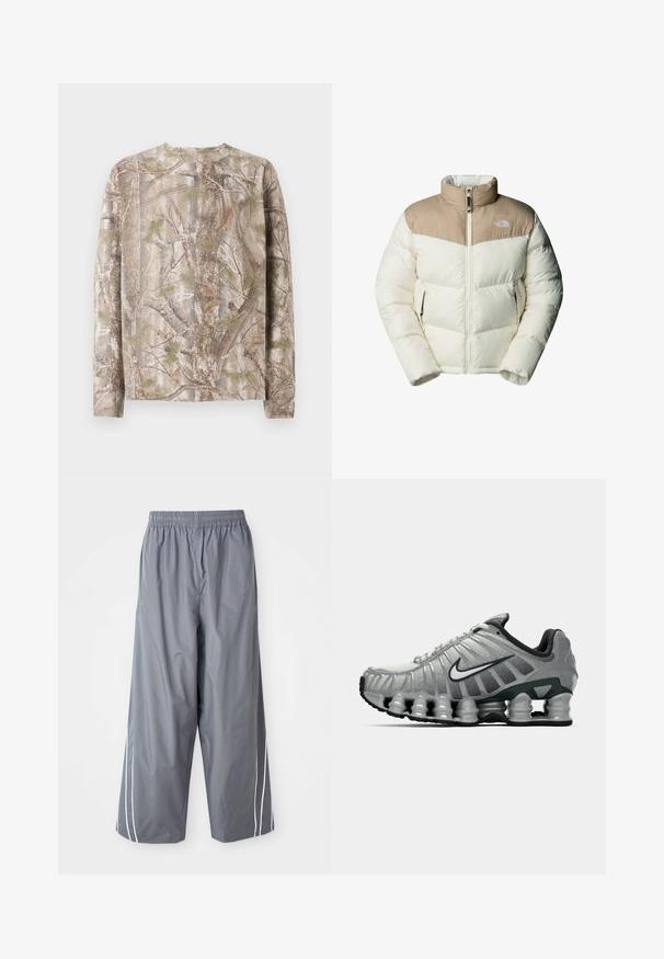 The North Face M SAIKURU JACKET - Giacca invernale - mushroom grey/white dun; Felpa nera con cappuccio in cotone. Presenta una tasca frontale, un cappuccio con cordino e un design a spruzzo grigio con un accento blu sull'etichetta.; Camicia a maniche lunghe con motivo mimetico in tonalità di marrone, verde e grigio, con collo rotondo e taglio rilassato. La superficie testurizzata ricorda la corteccia degli alberi.; Pantaloni larghi in sintetico leggero di colore grigio, con vita elasticizzata e strisce bianche ai lati. Texture liscia con un design casual.; Scarpa da corsa Nike grigia e nera con ammortizzazione visibile a molla sotto la suola e logo swoosh bianco di lato.