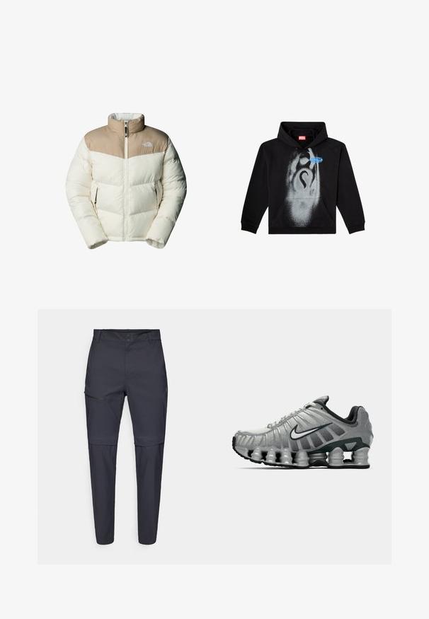 The North Face M SAIKURU JACKET - Veste d'hiver - mushroom grey/white dun; Hoodie noir en coton. Présente une poche frontale, une capuche avec cordon de serrage, et un design en spray gris avec un accent d'étiquette bleue.; Pantalons légers bleu marine avec une poche zippée sur la cuisse et une coupe droite ; fabriqués dans un tissu doux et durable.; Chaussure de course Nike grise et noire avec un coussin de type ressort visible sous la semelle et un logo swoosh blanc sur le côté.