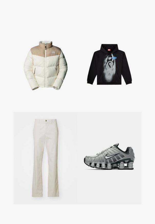 The North Face M SAIKURU JACKET - Zimní bunda - mushroom grey/white dun; Černá mikina z bavlny. Má přední kapsu, kapuci se stahovací šňůrkou a šedý design ve stylu spreje s modrým akcentem na štítku.; J.LINDEBERG LOIS CLOUD PANTS - Kalhoty - moonbeam; Šedá a černá běžecká obuv Nike s viditelným odpružením podobným pružině pod podrážkou a bílým logem swoosh na boku.