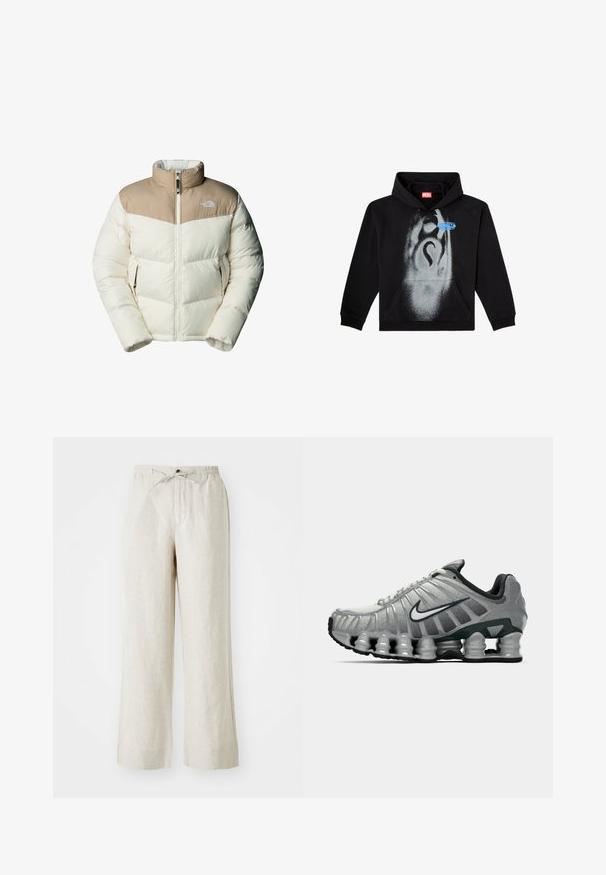 The North Face M SAIKURU JACKET - Vinterjacka - mushroom grey/white dun; Svart hoodie i bomull. Har en framficka, snörmgränd samt en grå sprayfärgsdesign med en blå etikettaccent.; Linnenbyxor i ljus beige färg, med en lös passform, elastisk midja med dragsko och sidofickor för bekvämlighet.; Grå och svart Nike löparskor med synlig fjädrande dämpning under sulan och en vit swoosh-logotyp på sidan.