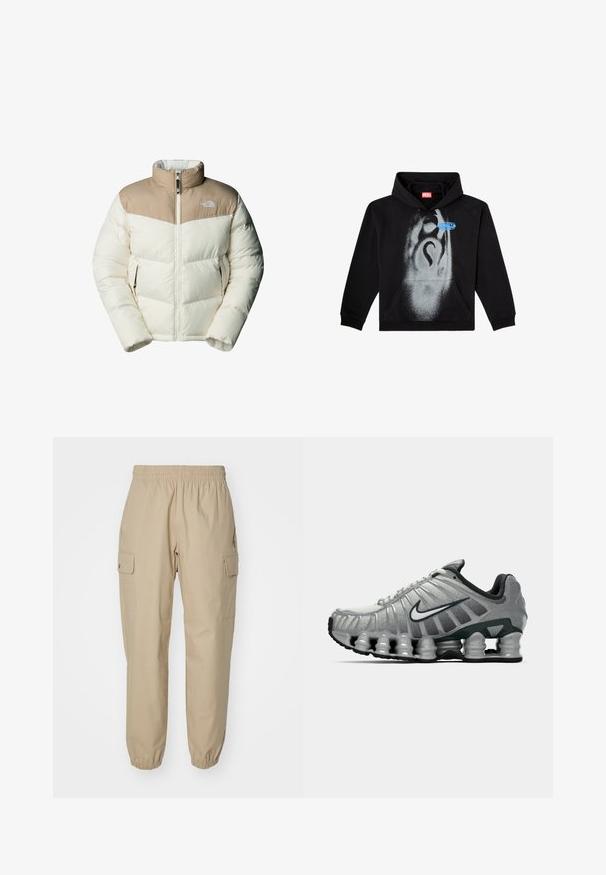 The North Face M SAIKURU JACKET - Vinterjakker - mushroom grey/white dun; Sort hættetrøje lavet af bomuld. Har en frontlomme, snorhuv og et gråt spraymalet design med en blå etikette accent.; Beige cargo bukser med elastisk talje, tætsiddende ben og sidelommer. Glat stof med en let struktureret tekstur.; Grå og sort Nike løbesko med synlig fjederlignende dæmpning under sålen og et hvidt swoosh-logo på siden.