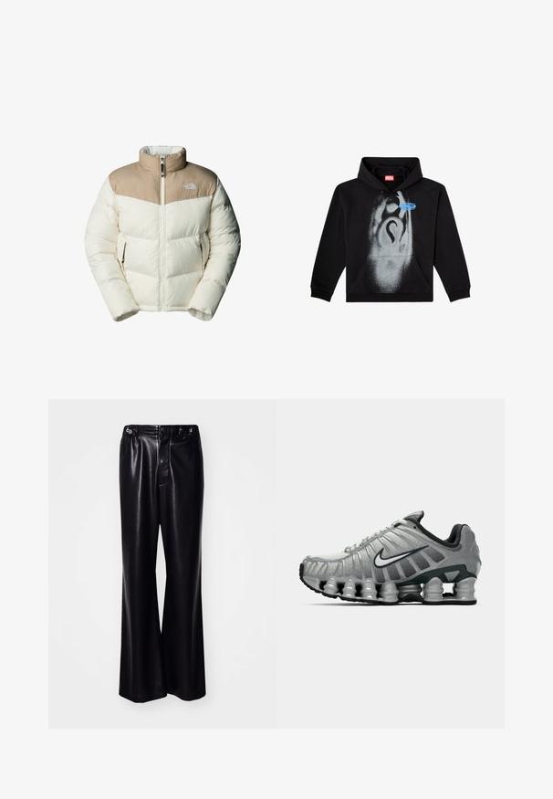 The North Face M SAIKURU JACKET - Winterjacke - mushroom grey/white dun; Schwarzer Hoodie aus Baumwolle. Mit einer Fronttasche, Kapuze mit Kordelzug und einem grauen Sprühdesign mit blauen Etikettakzenten.; Schwarze, weite Hosen aus Kunstleder mit hohem Bund, vorderem Knopfverschluss und dezentem Glanz. Glatte Textur, vielseitiges Design.; Grauer und schwarzer Nike-Laufschuh mit sichtbarer federähnlicher Dämpfung unter der Sohle und einem weißen Swoosh-Logo an der Seite.