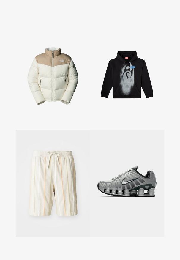 The North Face M SAIKURU JACKET - Winterjacke - mushroom grey/white dun; Schwarzer Hoodie aus Baumwolle. Mit einer Fronttasche, Kapuze mit Kordelzug und einem grauen Sprühdesign mit blauen Etikettakzenten.; Weiße leichte Shorts mit vertikalen Streifen in Orange, Gelb und Grün. Mit einem elastischen Bund und einem Kordelzugverschluss.; Grauer und schwarzer Nike-Laufschuh mit sichtbarer federähnlicher Dämpfung unter der Sohle und einem weißen Swoosh-Logo an der Seite.