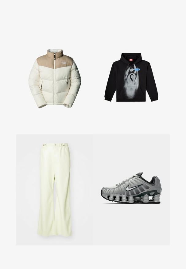 The North Face M SAIKURU JACKET - Vinterjakker - mushroom grey/white dun; Sort hættetrøje lavet af bomuld. Har en frontlomme, snorhuv og et gråt spraymalet design med en blå etikette accent.; Lysgrønne vidde bukser lavet af glat, let blankt stof. Har en knap og elastisk talje med et rent, skræddersyet design.; Grå og sort Nike løbesko med synlig fjederlignende dæmpning under sålen og et hvidt swoosh-logo på siden.