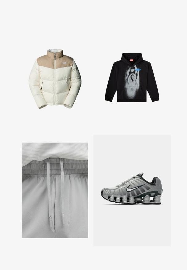 The North Face M SAIKURU JACKET - Winterjas - mushroom grey/white dun; Zwarte hoodie van katoen. Voorzien van een voorzak, een capuchon met koord en een grijze spuitverfontwerp met een blauwe etiketaccent.; Lichtgrijze sweatpants met een elastische tailleband en trekkoord. Zachte stof met een gladde textuur, met een ontspannen pasvorm en eenvoudige details.; Grijze en zwarte Nike hardloopschoen met zichtbare veerachtige demping onder de zool en een wit swoosh-logo aan de zijkant.