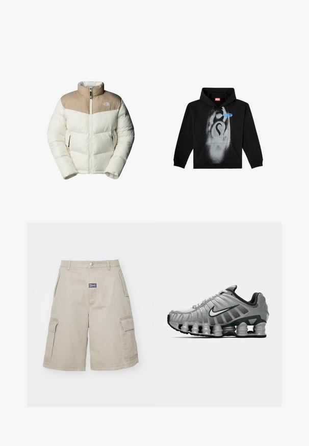 The North Face M SAIKURU JACKET - Winter jacket - mushroom grey/white dun; Black hoodie made of cotton. Features a front pocket, drawstring hood, and a gray spray-paint design with a blue label accent.; MISBHV PERFECT - Shorts - beige; Grey and black Nike running shoe with visible spring-like cushioning under the sole and a white swoosh logo on the side.