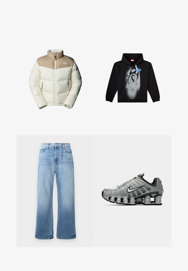 The North Face M SAIKURU JACKET - Vinterjakker - mushroom grey/white dun; Sort hættetrøje lavet af bomuld. Har en frontlomme, snorhuv og et gråt spraymalet design med en blå etikette accent.; Lyseblå denim jeans med lige ben design, slidt finish, fem-lomme stil og kontrastsyning. Slidte kantdetaljer.; Grå og sort Nike løbesko med synlig fjederlignende dæmpning under sålen og et hvidt swoosh-logo på siden.