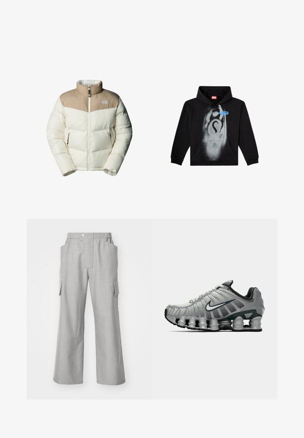 The North Face M SAIKURU JACKET - Talvitakki - mushroom grey/white dun; Mustat huppari, joka on valmistettu puuvillasta. Siinä on etutasku, nyöritettävä huppu ja harmaalla spraymaalilla tehty kuvio sinisellä etikettiyksityiskohdalla.; Harmaat leveälahkeiset cargo-housut, jotka on valmistettu tekstuuri materiaalista. Housuissa on edessä nappikiinnitys, kaksi sivutaskua ja kaksi sivucargo-taskua.; Harmaa ja musta Nike-juoksukenkä, jossa on näkyvää jousimaista vaimennusta pohjan alla ja valkoinen swoosh-logo sivulla.