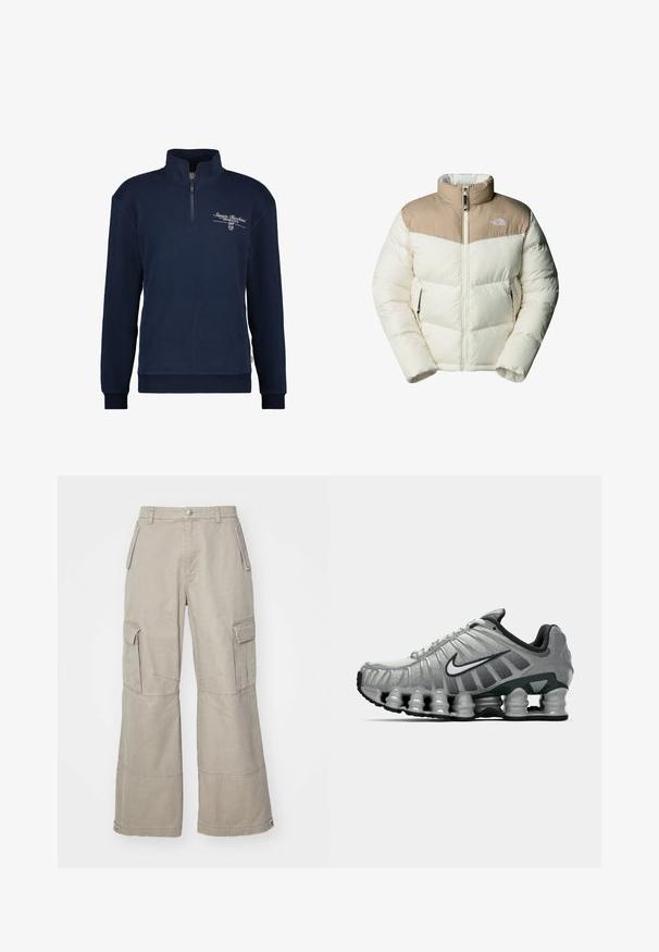 The North Face M SAIKURU JACKET - Giacca invernale - mushroom grey/white dun; Pullover in pile di colore blu navy, con colletto alto e chiusura a mezza zip. Presenta il logo ricamato in bianco sul petto, polsini e orlo a costine.; Pantaloni cargo in khaki realizzati in cotone misto, con gambe ampie, molteplici tasche laterali e sottili dettagli di cucitura.; Scarpa da corsa Nike grigia e nera con ammortizzazione visibile a molla sotto la suola e logo swoosh bianco di lato.