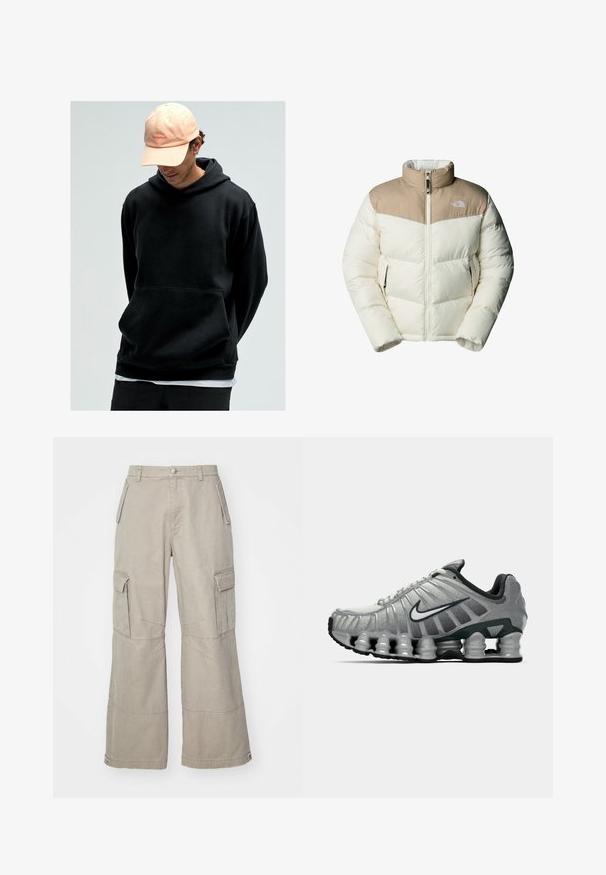 The North Face M SAIKURU JACKET - Winterjas - mushroom grey/white dun; Zwarte hoodie met kangoeroezak, gemaakt van zachte stof. Gecombineerd met een lichtroze baseballcap met een logo.; Khaki cargobroek van katoenmix, met wijde pijpen, meerdere zijzakken en subtiele stikseldetails.; Grijze en zwarte Nike hardloopschoen met zichtbare veerachtige demping onder de zool en een wit swoosh-logo aan de zijkant.