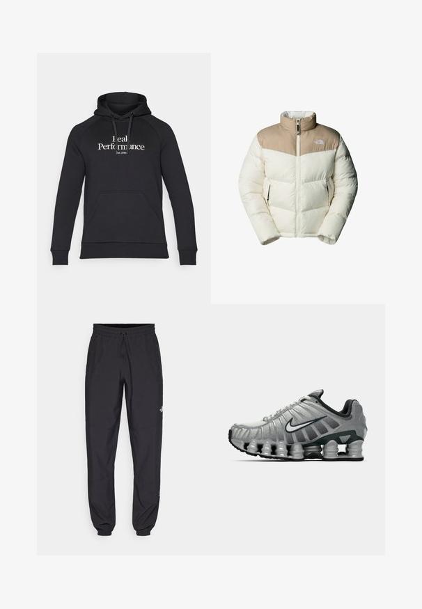 The North Face M SAIKURU JACKET - Veste d'hiver - mushroom grey/white dun; Hoodie noir en tissu doux, doté d'une poche kangourou, de poignets côtelés et d'un texte blanc "Real Performance" avec "est. 1986" en dessous.; Pantalon de sport noir en tissu léger, avec une taille à cordon, des poches latérales et des chevilles resserrées.; Chaussure de course Nike grise et noire avec un coussin de type ressort visible sous la semelle et un logo swoosh blanc sur le côté.