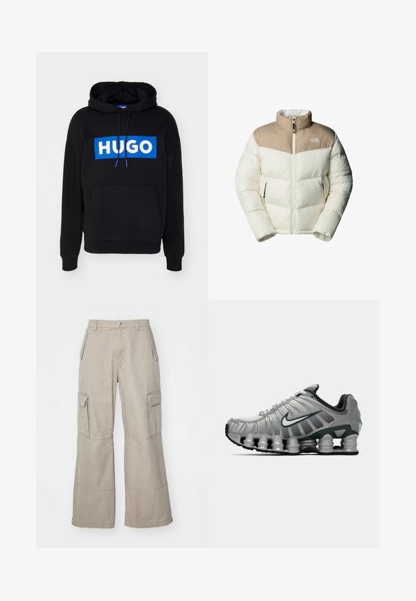 The North Face - Kurtka zimowa; Czarna bluza z kapturem z niebieskim prostokątnym logo z białym napisem "HUGO", regulowane sznurki, oraz kieszeń z przodu. Miękka tkanina, luźny krój.; Beżowe spodnie cargo wykonane z mieszanki bawełny, z szerokimi nogawkami, wieloma bocznymi kieszeniami i subtelnymi detalami przeszycia.; Szare i czarne buty biegowe Nike z widocznym, sprężystym tłumieniem pod podeszwą oraz białym logo swoosh po boku.