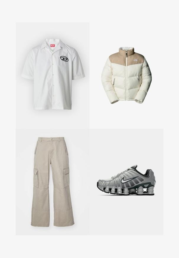 The North Face M SAIKURU JACKET - Vinterjacka - mushroom grey/white dun; Kortärmad vit skjorta i bomull med krage, med svart broderad logotyp på vänster sida och knappstängning.; Kakifärgade cargo-byxor i bomullsmix, med vida ben, flera sidofickor och subtila sömnadsdetaljer.; Grå och svart Nike löparskor med synlig fjädrande dämpning under sulan och en vit swoosh-logotyp på sidan.