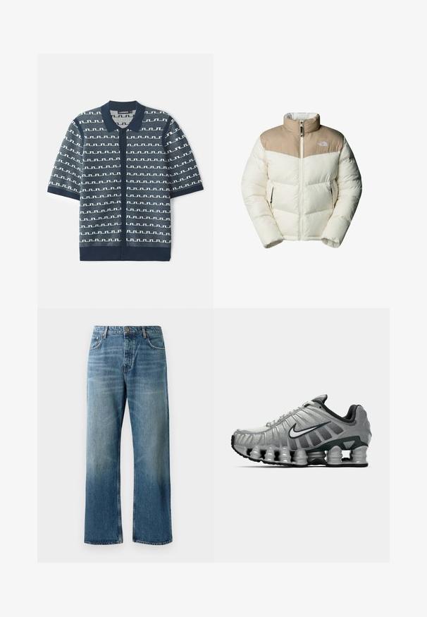 The North Face M SAIKURU JACKET - Giacca invernale - mushroom grey/white dun; Cardigan in maglia a maniche corte di colore blu marino, caratterizzato da un motivo geometrico bianco, chiusura con bottoni e colletto classico. Tessuto testurizzato con accenti a contrasto.; Jeans a palazzo azzurri chiari con lavaggio sbiadito, dotati di chiusura con un bottone, cinque tasche e cuciture in contrasto.; Scarpa da corsa Nike grigia e nera con ammortizzazione visibile a molla sotto la suola e logo swoosh bianco di lato.