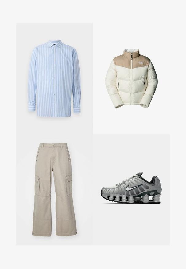 The North Face M SAIKURU JACKET - Giacca invernale - mushroom grey/white dun; Camicia a manica lunga di colore blu chiaro con righe verticali bianche e blu chiaro, con design a bottoni, colletto e un piccolo logo ricamato sul petto.; Pantaloni cargo in khaki realizzati in cotone misto, con gambe ampie, molteplici tasche laterali e sottili dettagli di cucitura.; Scarpa da corsa Nike grigia e nera con ammortizzazione visibile a molla sotto la suola e logo swoosh bianco di lato.