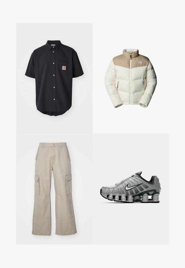 The North Face M SAIKURU JACKET - Winter jacket - mushroom grey/white dun; Short-sleeve, button-up shirt in textured dark navy fabric, featuring a front chest pocket with a square logo patch and white buttons.; Khaki cargo pants made of cotton blend, featuring wide legs, multiple side pockets, and subtle stitching details.; Grey and black Nike running shoe with visible spring-like cushioning under the sole and a white swoosh logo on the side.