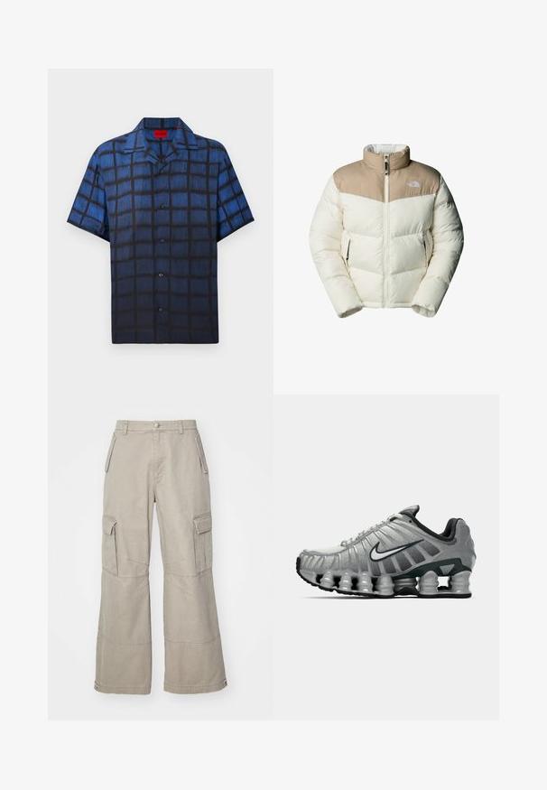 The North Face M SAIKURU JACKET - Chaqueta de invierno - mushroom grey/white dun; Camisa de hombre de manga corta con botones, diseño de cuadro texturizado en azul y negro, y cuello esparcido.; Pantalones cargo caqui hechos de una mezcla de algodón, con piernas anchas, múltiples bolsillos laterales y sutiles detalles de costura.; Zapatilla de running Nike en gris y negro con amortiguación visible tipo resorte debajo de la suela y un logo de swoosh blanco en el lateral.